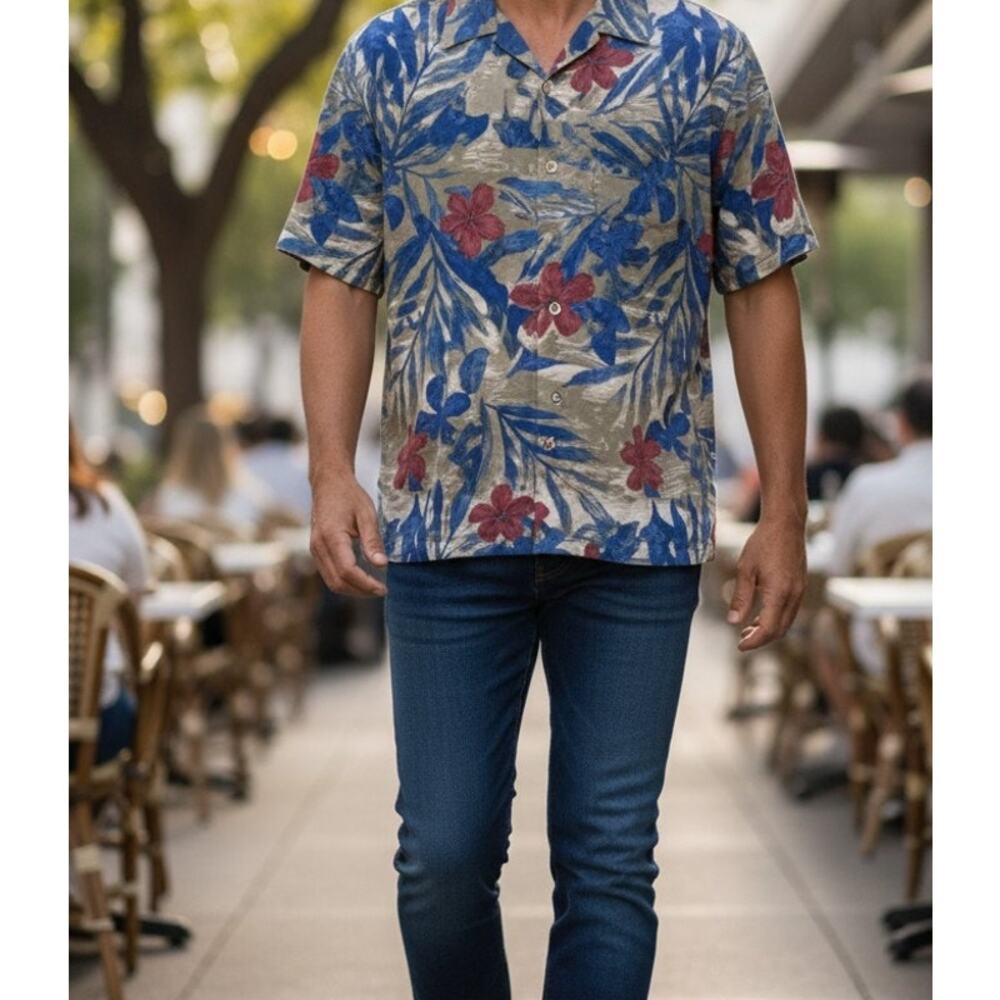 Caribbean Silk Blend Button Up Shirt Men's Size Medium Short Sleeve